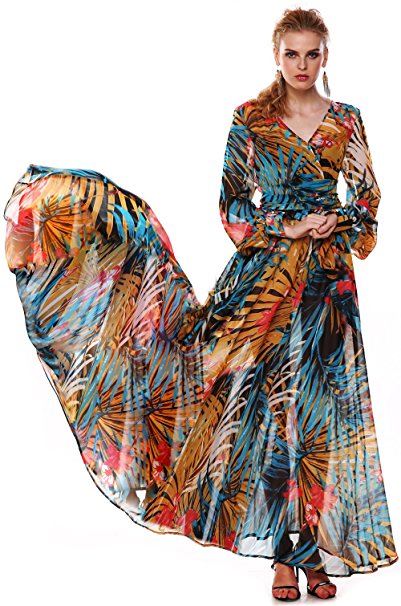 ACEVOG Women Summer Tropical Flower Printed Chiffon Long Sleeve Beach Dress