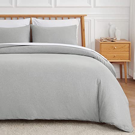 VEEYOO Jersey Knit Cotton Duvet Cover Set King Size - Soft Easy Care Duvet Cover with Zipper Closure and Coner Ties Breathable (Grey, 1 Duvet Cover 2 Pillowcases)