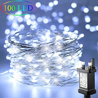 FANSIR Plug in LED String Lights, 100 LED Plug Fairy Lights 33 feet 8 Modes Silver Wire Lights Dimmble Waterproof String Lights for Bedroom Wedding Party Indoor Outdoor Decoration (Cool White)