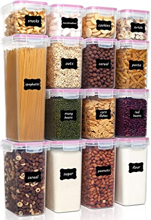 Vtopmart Airtight Food Storage Containers Set with Lids, 15pcs BPA Free Plastic Dry Food Canisters for Kitchen Pantry Organization and Storage, Dishwasher safe,Include 24 Labels, Pink