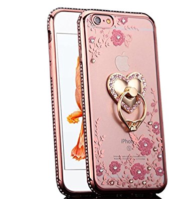 iPhone 6S Plus Case, CaseUp Glitter Crystal Heart Floral Series - Slim Luxury Bling Rhinestone Clear TPU Case With Ring Stand For iPhone 6S/ 6 Plus (5.5 Inch)