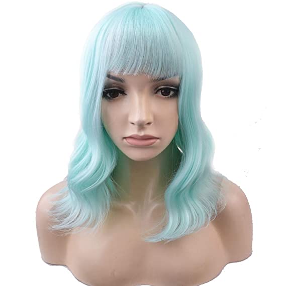 BERON 14'' Short Curly Women Girl's Charming Synthetic Wig with Air Bangs Wig Cap Included (Shiny Green)