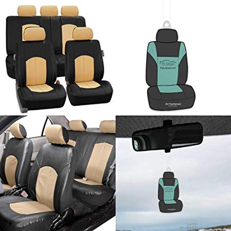 FH Group PU008115 Perforated Leatherette Full Set Car Seat Covers, Airbag & Split Ready, Beige/Black Color w. Free Air Freshener - Fit Most Car, Truck, SUV, or Van