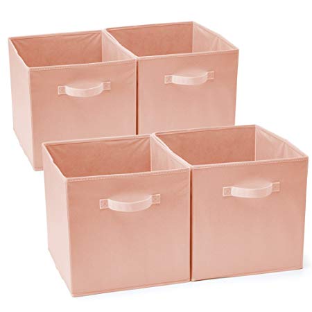 EZOWare Set of 4 Foldable Fabric Basket Bins, Collapsible Storage Cube Box for Nursery Home and Office (11 x 10.5 x 10.5 inch) (Pink)