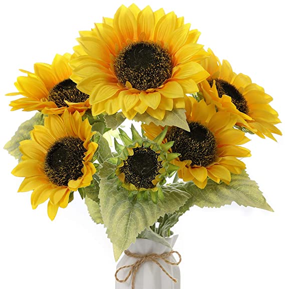 DerBlue 17.7'' Artificial Sunflowers Bouquet with 7 Heads(Three Different Diameter of Flowers) and 10 Leaves Fake Silk Sunflowers Bouquet for Home Office Parties and Wedding Decoration