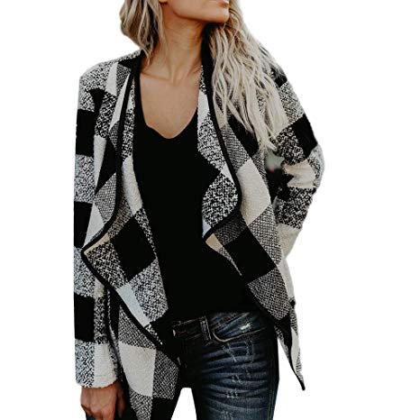 Dressin Women's Turn Down Shawl Collar Check/Grid/Black Asymmetric Hemline Cashmere Coat