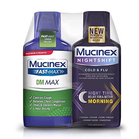 Maximum Strength Mucinex Fast-Max DM Max & Mucinex Nightshift Cold & Flu Liquid (2 x 6 fl. oz.) Thins & Loosens Mucus, Relieves Cough & Chest Congestion, Pain, Fever, Sneezing, Sore Throat, Runny Nose