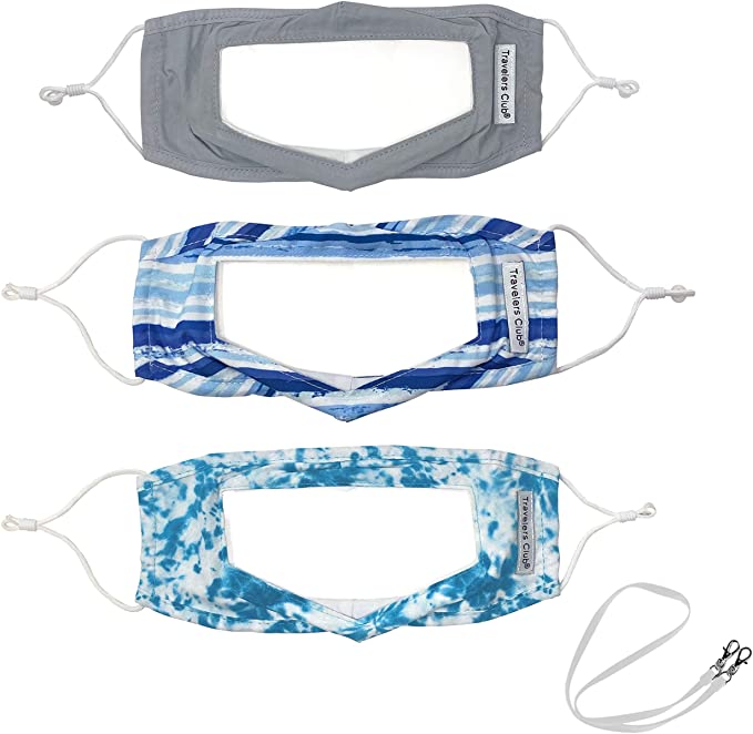 Travelers Club 3 Piece Clear Window Face Mask and Lanyard Set