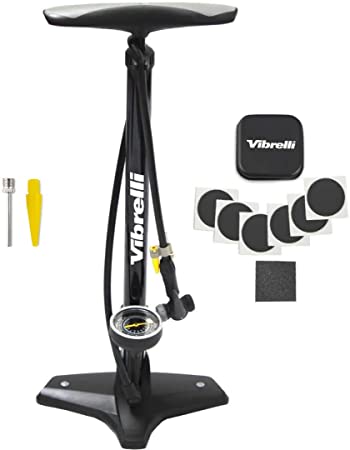Vibrelli Floor Gauge-High Pressure 160 Psi-Presta Valve Bike Automatically Switches to Schrader-Bicycle Pump Comes with Glueless Puncture Kit
