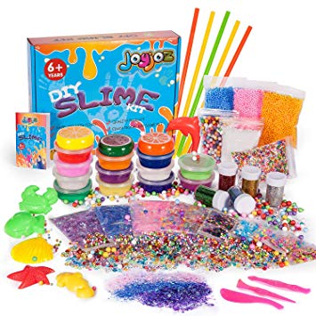 Joyjoz DIY Slime Kit, 43 Packs Crystal Slime Kit - 15 Clear & Fruit Scented Slime with Glitter Powder, Foam Beads, Fruit Slices, Charms, Animal Molds and Tools for Kids & Adults