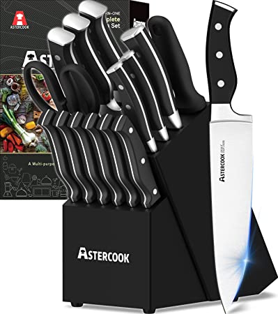 Knife Set, Astercook 15 Pieces Knife Sets for Kitchen with Block Triple Rivet High Carbon Stainless Steel Kitchen Knife Set with Sharpener, Dishwasher Safe, Black