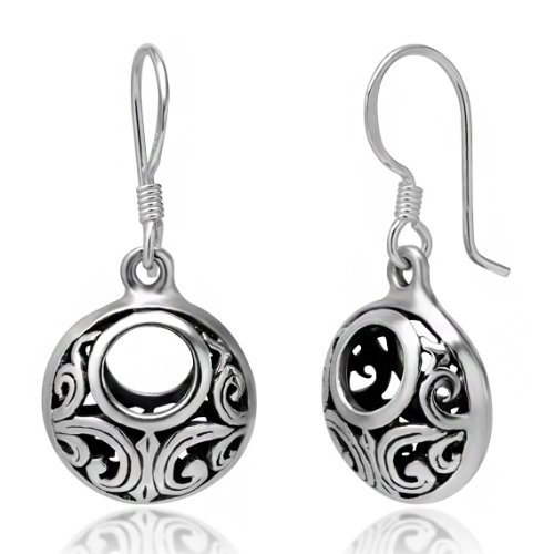 925 Oxidized Sterling Silver Bali Inspired Open Filigree Circle Dangle Hook Earrings