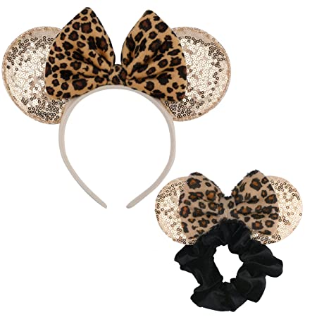 1 Pcs Mouse Ears Headband and 1 Pcs Mouse Ears Scrunchies with Bow Hairs Accessories for Girls Women Boys Birthday Party (Leopard)