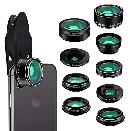 Phone Camera Lens Kit,9 in 1 Kaiess Super Wide Angle  Macro  Fisheye Lens  Telephoto  CPL Kaleidoscope Starburst Lens for iPhone X/8/7/6s/6 Plus, Samsung,Android Smartphones(Black)