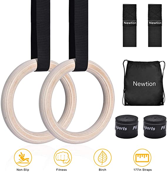 Wooden Professional Gymnastic Fitness Rings with 15ft Adjustable Buckle Straps Anti-Slip Sweat-Absorbent Hand Tape Exercise Rings for Cross-Training Workout,Gymnastics,Fitness,Bodybuilding,Pull-Ups