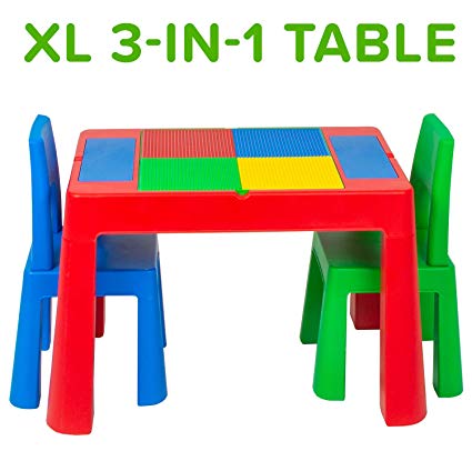 Play Platoon XL Kids Activity Table Set - 3 in 1 Large Water Table, Craft Table and Building Brick Table with Storage - Includes 2 Chairs - 28 x 21 x 18.5 Inch