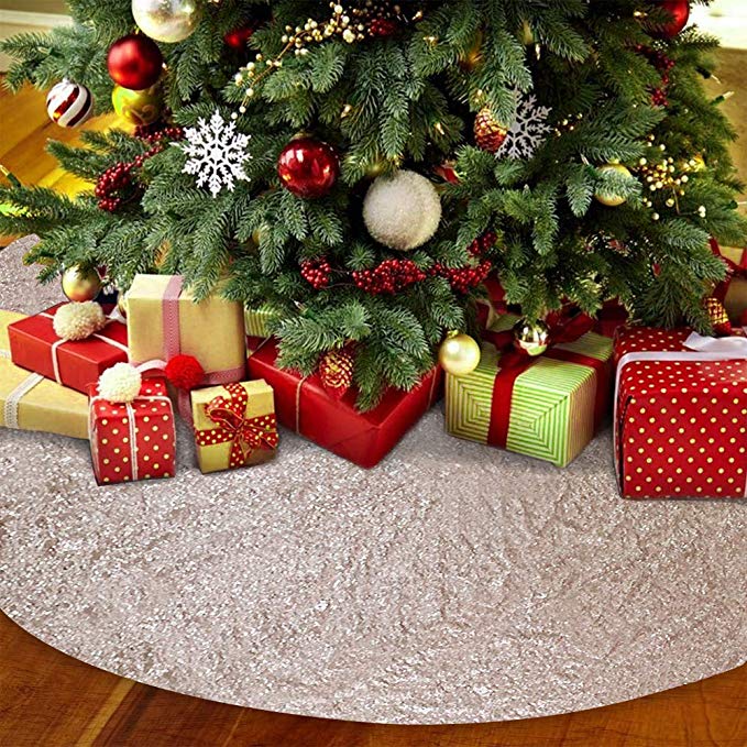 TRLYC Glittery Sequin Holiday Tree Skirt, 48-Inch Champagne Christmas Tree Skirt