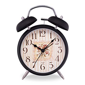 Slash 4" Vintage Retro Old Fashioned Quiet Non-ticking Sweep Second Hand, Quartz Analog Twin Bell Clock, Battery Operated, Loud Alarm, Nightlight Function (Black Case - Flower Mural)