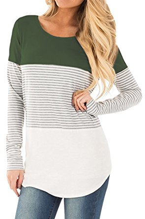 Womens Tops Casual Long Sleeve Cotton Color Block Striped T Shirt Tunic Blouse By Gemijack