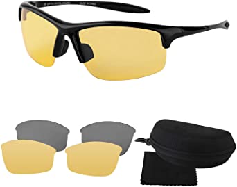 Polarized Sports Day/Night Driving Glasses Sunglasses for Men Women with 2 Interchangeable Anti Glare Polarized Lenses