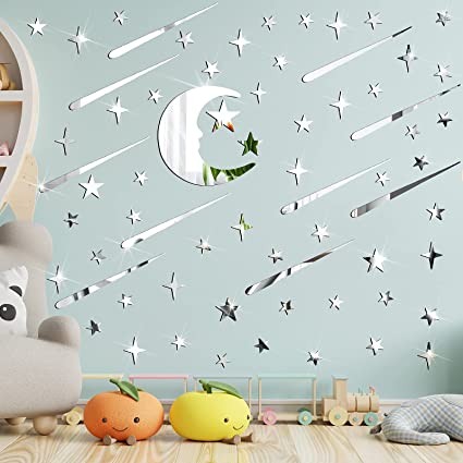 216 Pieces Moon Stars Wall 3D Stickers Acrylic Mirror Wall Decals Decor Silver Removable for Kids Bedding Room Ceiling Wall Decoration