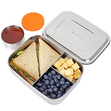 Nuevo Stainless Steel Large Bento Box with Leakproof Dips Condiment Container (7.4oz) for kids and adults-3 Section Metal Lunch Box Perfect for Sandwich and Well-Balanced Variety of Foods