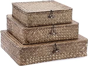 Hipiwe Flat Wicker Basket Bins with Lid - Set of 3 Handwoven Seagrass Storage Basket Shelf Baskets Boxes Multipurpose Home Organizer Bins Boxes for Shelf Pantry Closet,Large Size 14.8"x13" Coffee