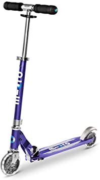 Micro Kickboard - Sprite LED - Two Wheeled, Fold-to-Carry Swiss-Designed Micro Scooter for Kids & Adults with Motion-Activated Light-Up Wheels for Ages 8  (Blue Stripe)