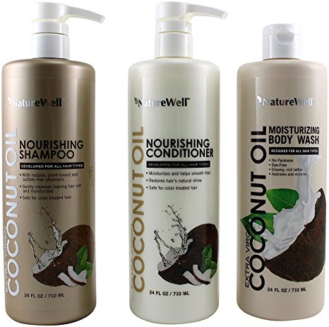 NatureWell Extra Virgin Coconut Oil Nourishing Shampoo, Conditioner and Body Wash (24 fl oz ea)