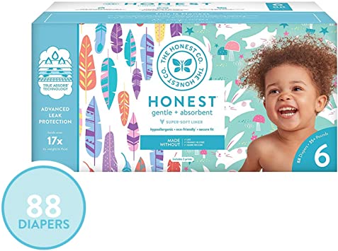 The Honest Company Super Club Box Diapers with TrueAbsorb Technology, Painted Feathers & Bunnies, Size 6, 88 Count