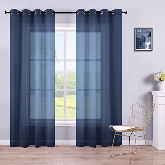 Navy Curtains 84 Inch Length for Living Room Set of 2 Panels Grommet Semi Sheer Nautical Curtains for Bedroom Boys Room Kids Nursery Bathroom Windows 52x84 Inches Long Navy Blue