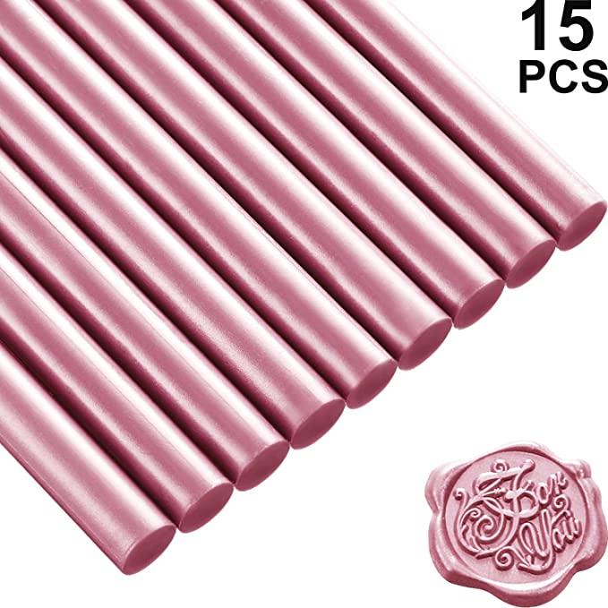 Nuanchu 15 Pieces Glue Gun Sealing Wax Sticks for Retro Vintage Wax Seal Stamp and Letter, Great for Wedding Invitations, Cards Envelopes, Snail Mails, Wine Packages, Gift Wrapping (Champagne Rose)
