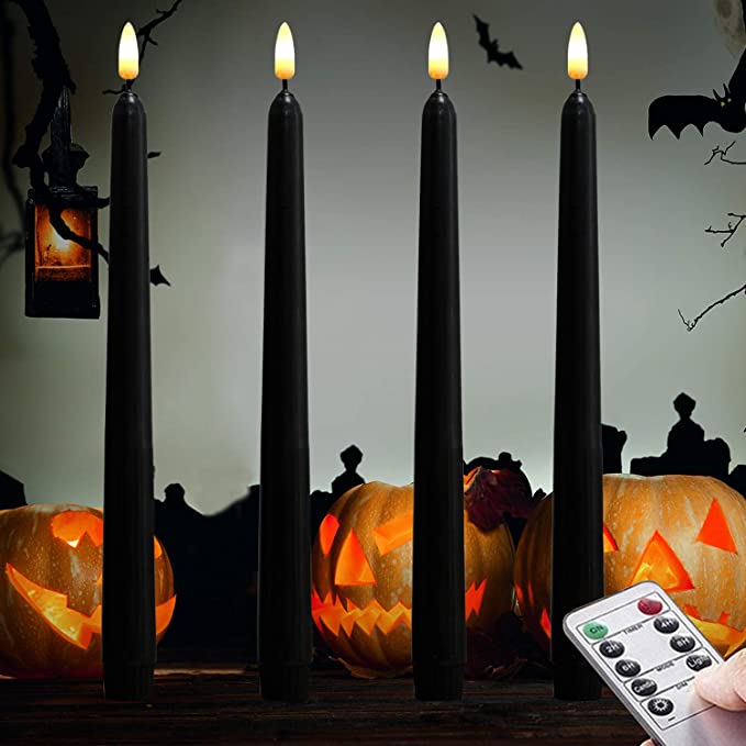 4 Pack Black Wax Covered Flameless Taper Candles, LED Battery Operated Decor Candle, Warm White LED