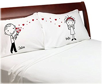 "Stick People" - Cute Heart Bouquet for Him for Her Engagement Gift - Couple Anniversary Pillow Cover Personalized Stick Figure Lovers Pillowcases