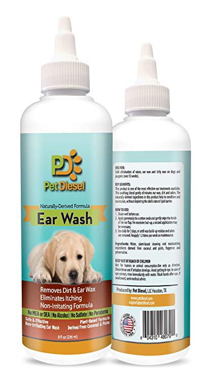 Dog Ear Cleanser Ideal For Ear Wax Removal, Itchy Ears, Yeast & Odor Elimination - Effective & Non Irritating Naturally Derived Formula With Coconut, Palm Oil & Citrus Extracts - 8 FL Oz