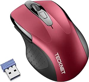 TECKNET Wireless Mouse, Silent Mouse Quiet Click, 2.4G USB Ergonomic Optical Mouse, 4000 DPI Mouse for Computer, Laptop, PC - Red