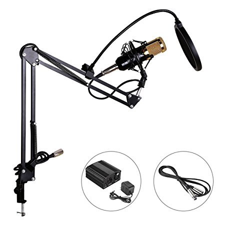 Excelvan BM-800 Condenser Microphone   Phantom Power   NB-35 Stand with Cable   T1 Pop Filter Wind Screen for Radio Broadcasting Studio Recording (Black)