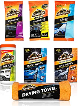 Armor All Car Wash and Interior Cleaner Kit (7 Items) - Includes Towel & Leather, Glass and Protectant Wipes, 19123