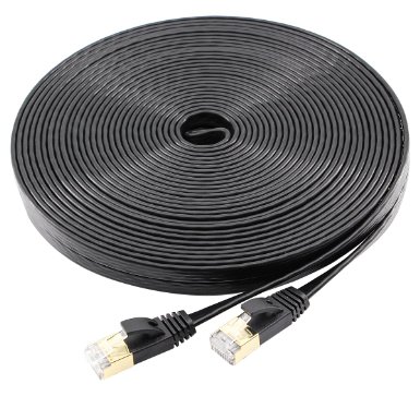 Cat7 Ethernet Cable 100 Ft Flat, jadaol® Shielded (STP) Network Cable Cat 7 Flat Ethernet Patch Cable, internet computer cable with Snagless Rj45 Connectors - 100 Feet Black (30meters)