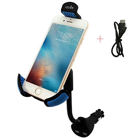 Car Mount Charger, JZxin Car Phone Holder with Dual USB 2.1A Car Charger for 3.5 - 6.3 Inch Smartphone