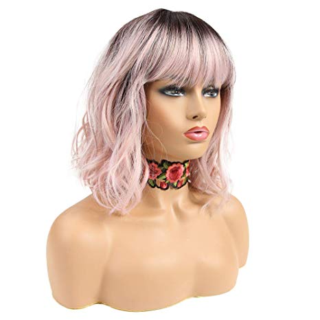 NOBLE Pink Wig with Bangs Synthetic Natural Wave Short Curly BOB Hair Wigs Cute Girl Neat Bangs Fashion Colorful Ombre Wigs (12inches, TT4/AMBRS)