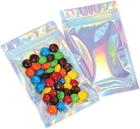 Mylar Bags with Ziplock 3.3 x 5.5" | 100 Bags | Rainbow Holographic | Sealable Heat Seal Bags for Candy and Food Packaging, Medications and Vitamins | For Liquid and Solids (3.3" x 5.5")
