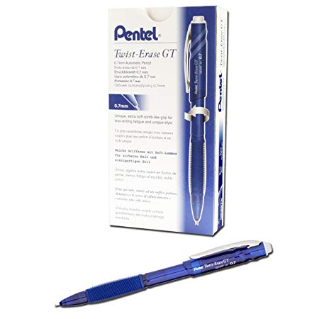 Pentel Twist-Erase GT, 0.7mm, Mechanical Pencil Transparent Blue, Box of 12 (QE207C)