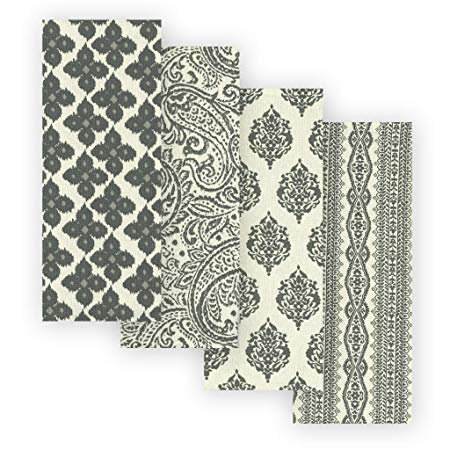Elrene Home Fashions Everyday Casual Prints Assorted Cotton Fabric Kitchen Towels, Set of 4, 17" x 28", Gray 4 Pieces