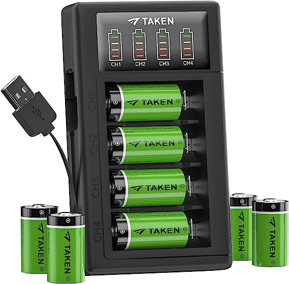 Taken 123 Batteries Lithium, 8 Pack 3.7V CR123A [CAN BE RECHARGED] Arlo Batteries with Charger for Arlo VMC3030 VMK3200 VMS3330 3430 3530