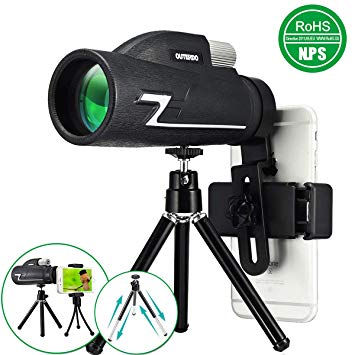 HD Monocular Telescope for Phone, OUTERDO Portable Binoculars Waterproof Fog Proof Single Hand Focus BAK-4 Prism for Watching Hunting Travelling Viewing Events with Phone Adapter and adjustable Tripod 10x42 Low-light Night Vision