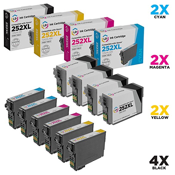 LD Remanufactured Epson 252XL / 252 Set of 10 HY Ink Cartridges: 4 T252XL120 Black, 2 T252XL220 Cyan, 2 T252XL320 Magenta & 2 T252XL420 Yellow: Workforce WF-3620, WF-3640, WF-7110, WF-7610, WF-7620