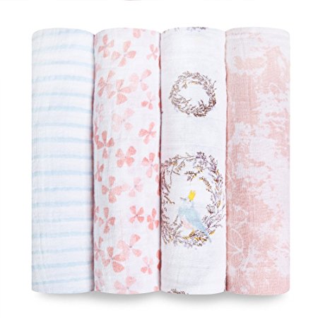 aden + anais Classic Swaddle Baby Blanket, 100% Cotton Muslin, Large 47 X 47 inch, 4 Pack, Bird Song