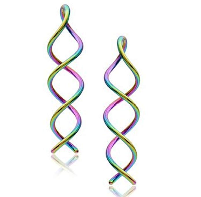 Rainbow Spiral Earrings Titanium Twist Swirl Drop Dangle Gauge