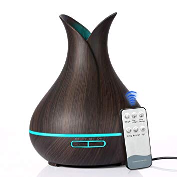 KEJIAHE 400ml Remote Control Aroma Essential Oil Diffuser Ultrasonic Air Humidifier with Wood Grain 7 Color Changing LED Lights for Office Home Spa Yoga